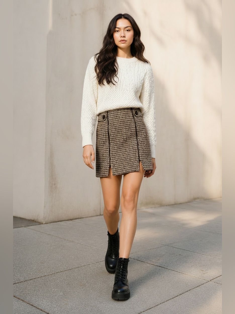 Topshop Houndstooth Mini Skirt In Brown And Cream Sz 4